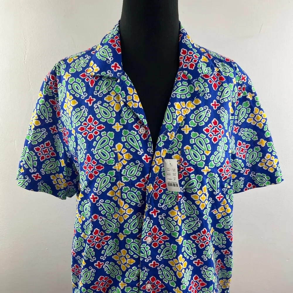 NWT J. Crew Slub Cotton Shirt Camp Collar Blue Floral Print Short Sleeve Size M